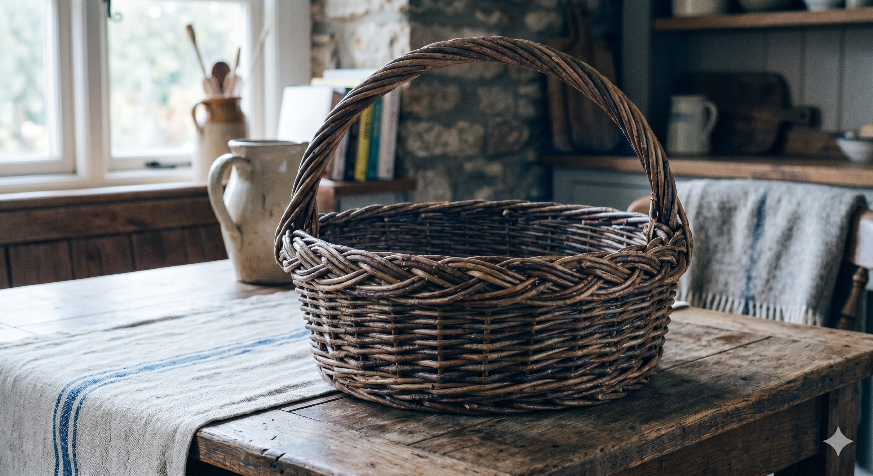 Round woven market basket with handle