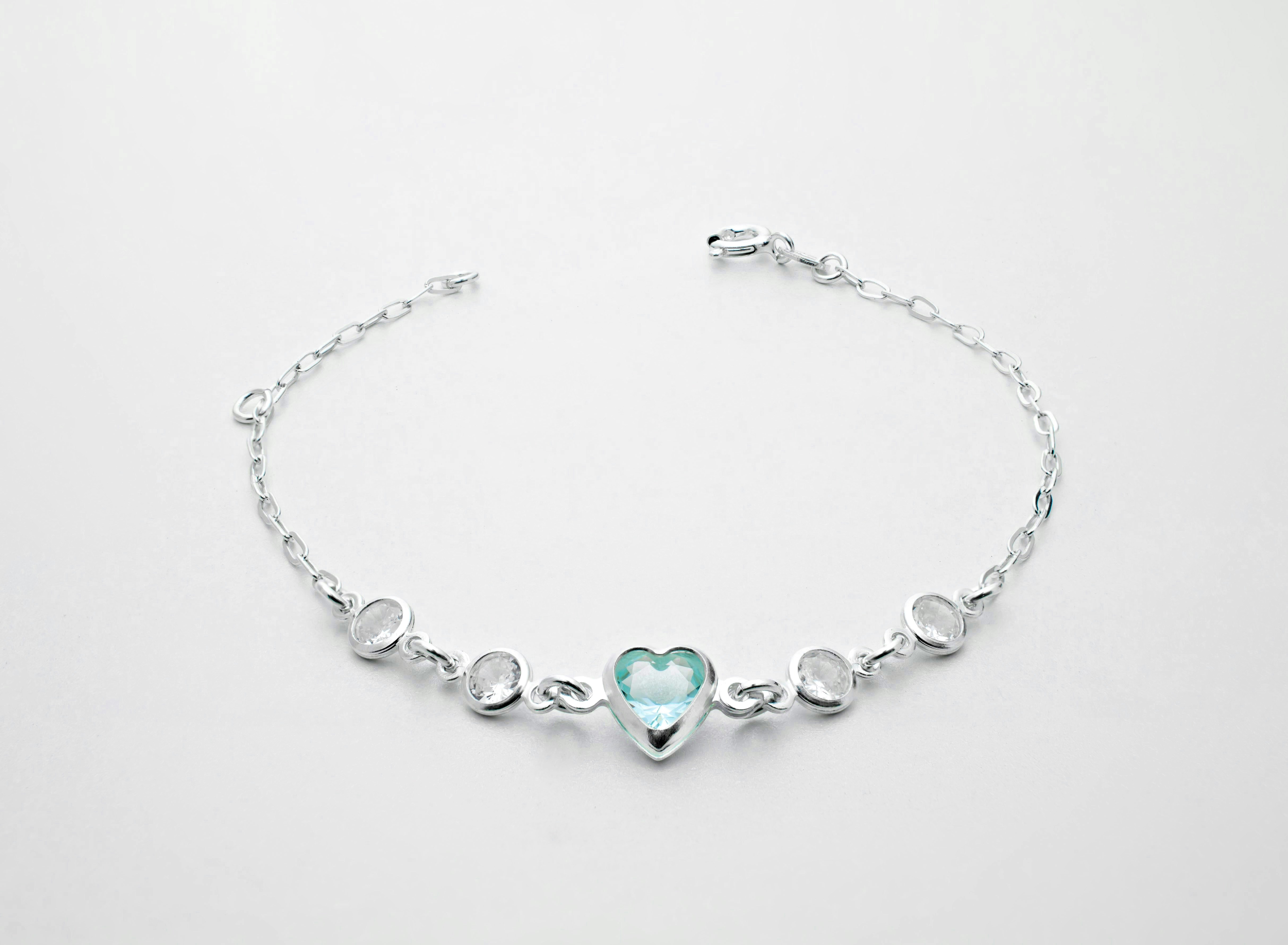 Aqua heart sterling silver bracelet