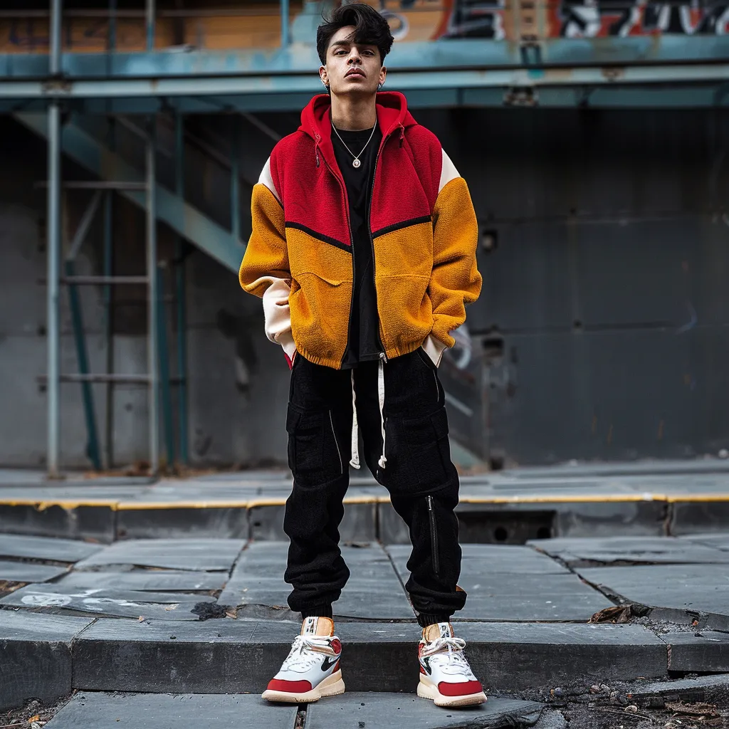 Model in colorblock fleece